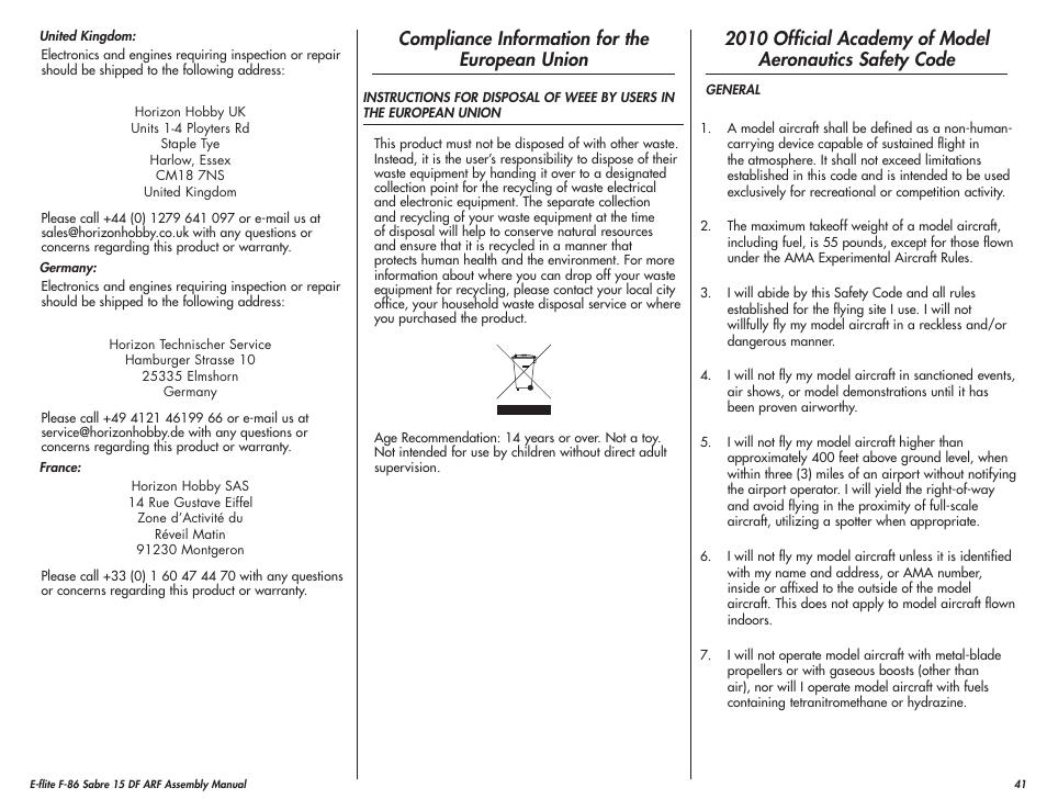 Compliance information for the european union | E-flite F-86 Sabre 15 DF ARF User Manual | Page 41 / 44