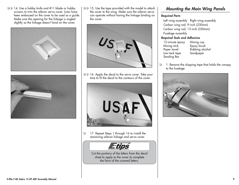 Mounting the main wing panels | E-flite F-86 Sabre 15 DF ARF User Manual | Page 9 / 44