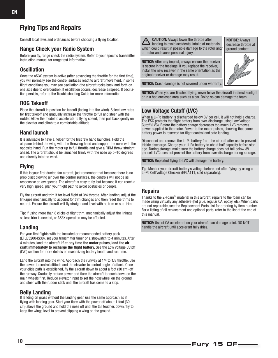 Flying tips and repairs, Range check your radio system, Oscillation | Rog takeoff, Hand launch, Flying, Landing, Belly landing, Low voltage cutoff (lvc), Repairs | E-flite Fury 15 DF BNF Basic User Manual | Page 10 / 18