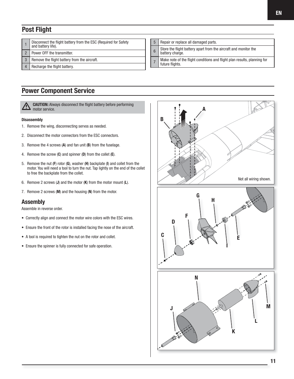 Power component service, Post flight, Assembly | E-flite Fury 15 DF BNF Basic User Manual | Page 11 / 18
