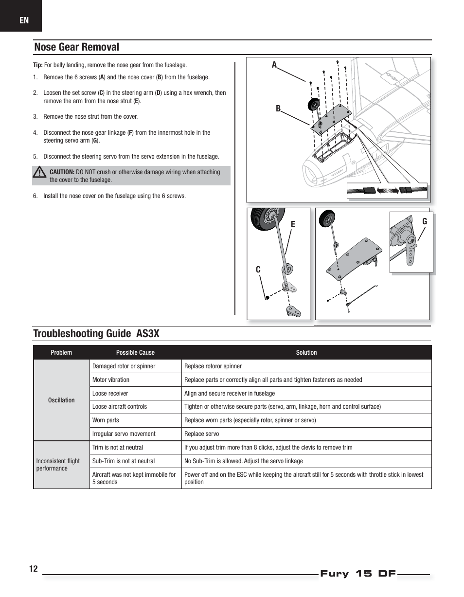 Troubleshooting guide as3x, Nose gear removal, Ba c e g | E-flite Fury 15 DF BNF Basic User Manual | Page 12 / 18