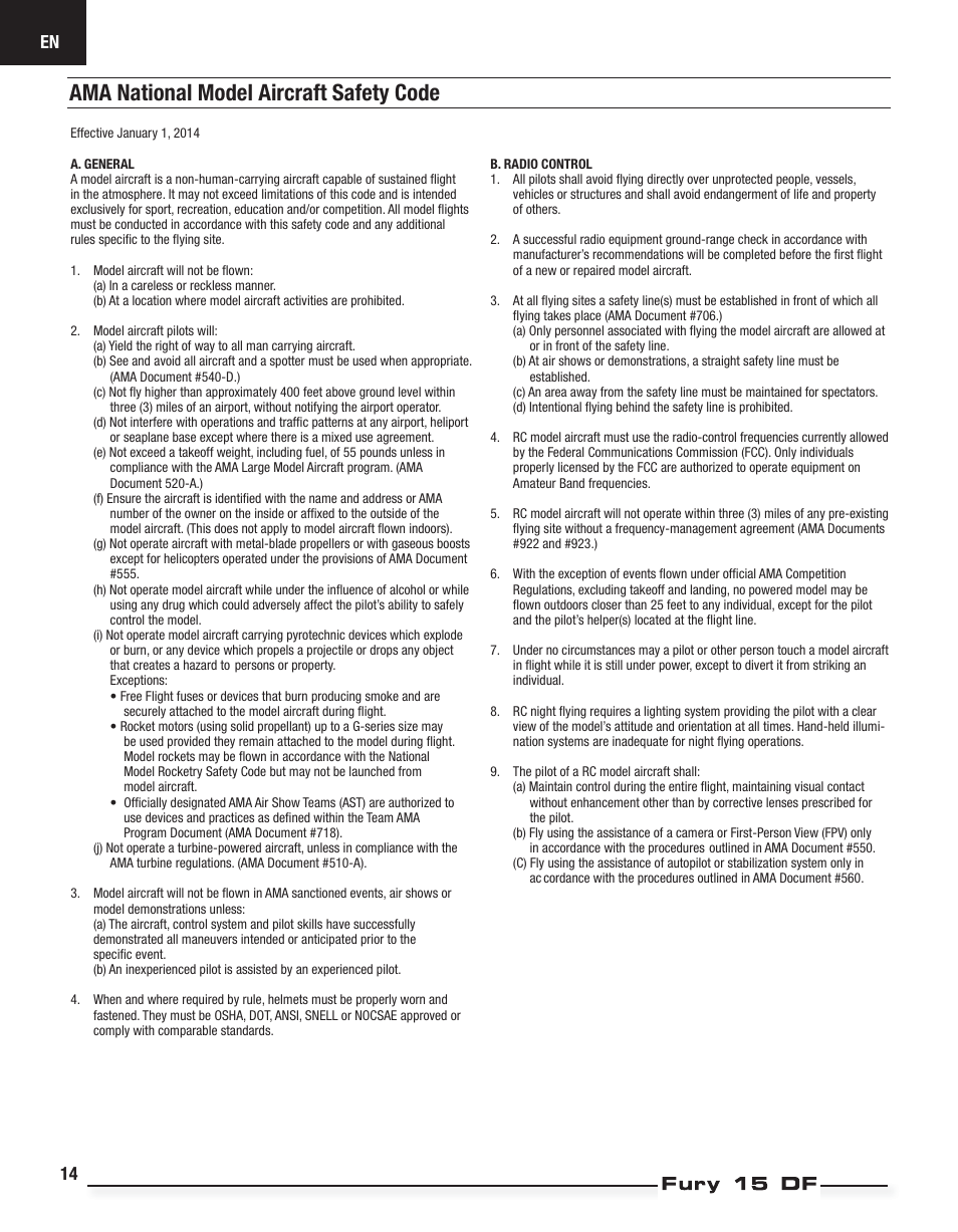 Ama national model aircraft safety code | E-flite Fury 15 DF BNF Basic User Manual | Page 14 / 18