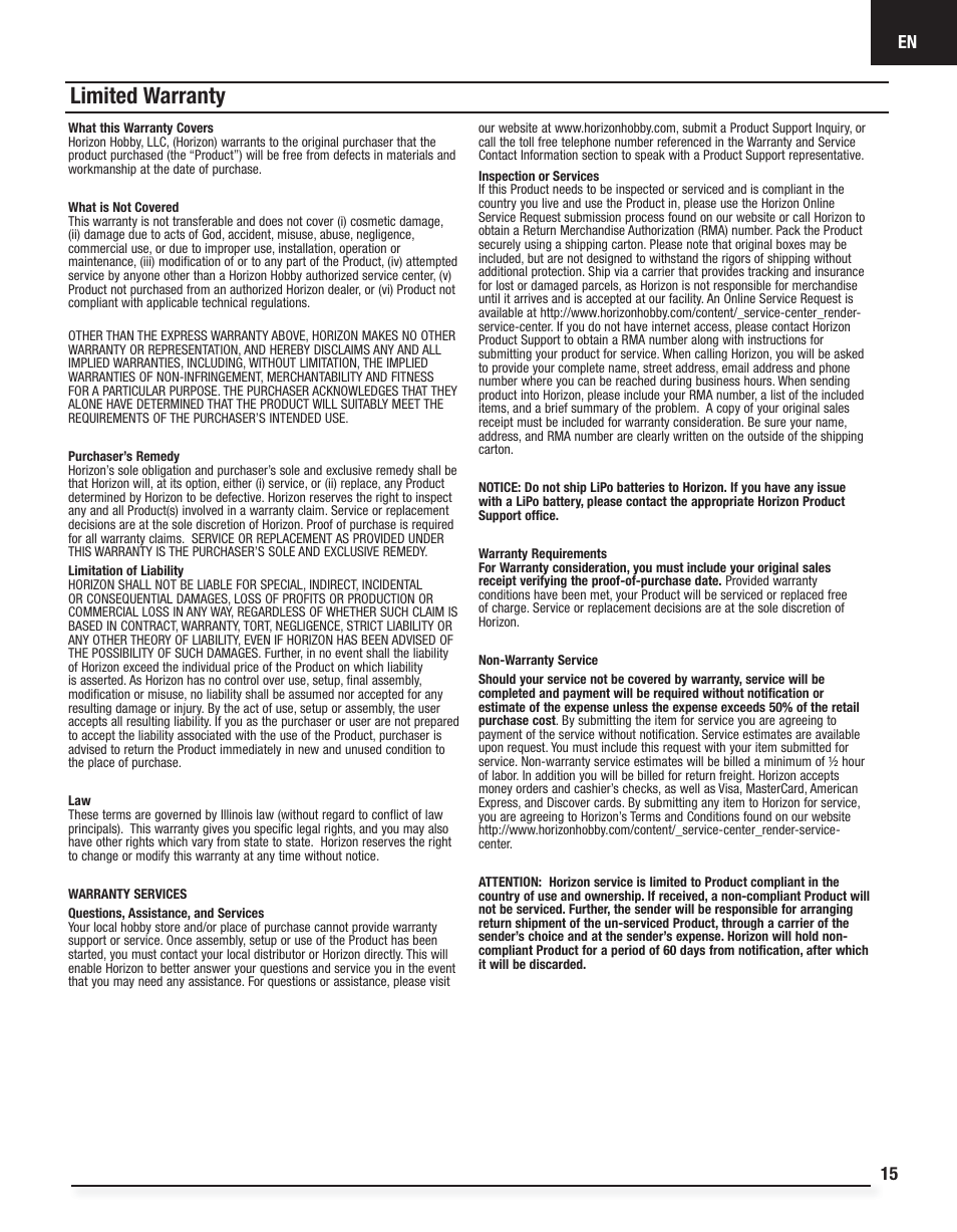 Limited warranty | E-flite Fury 15 DF BNF Basic User Manual | Page 15 / 18