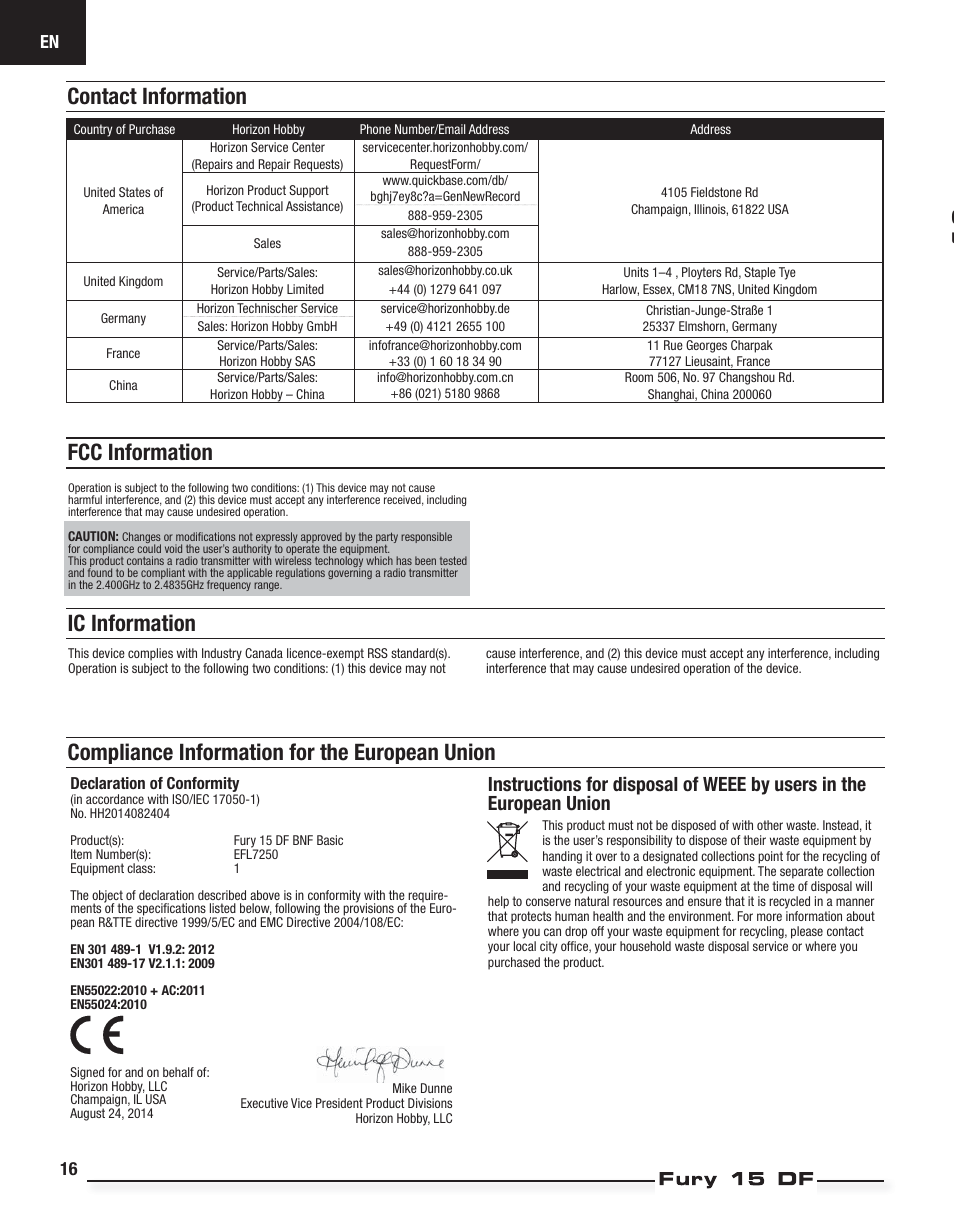 Contact information fcc information, Ic information, Compliance information for the european union | E-flite Fury 15 DF BNF Basic User Manual | Page 16 / 18