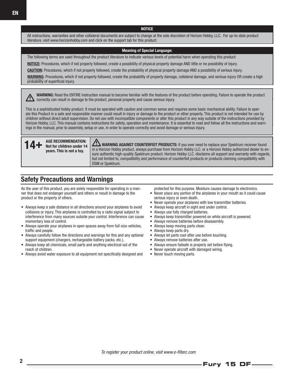 Safety precautions and warnings | E-flite Fury 15 DF BNF Basic User Manual | Page 2 / 18