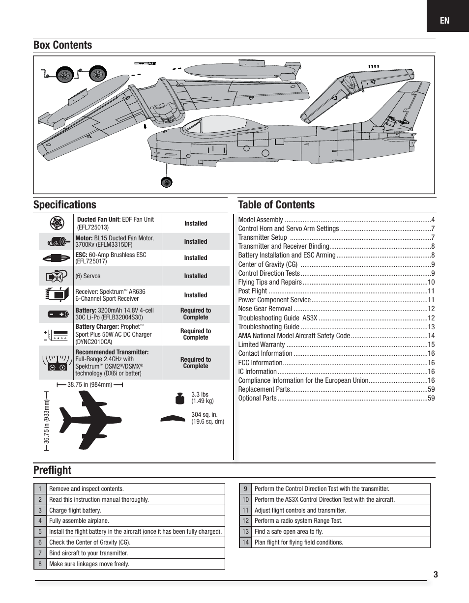 E-flite Fury 15 DF BNF Basic User Manual | Page 3 / 18