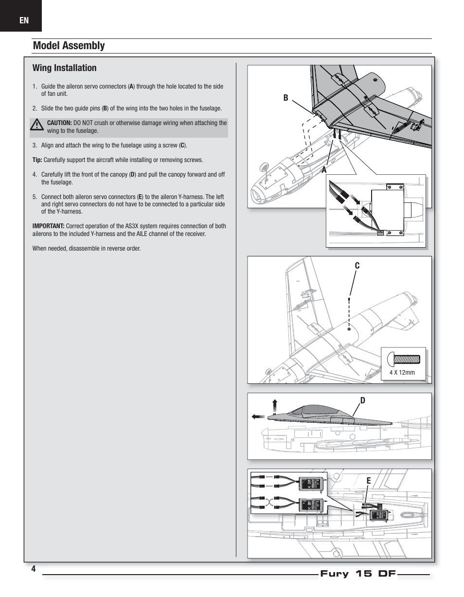 Model assembly | E-flite Fury 15 DF BNF Basic User Manual | Page 4 / 18