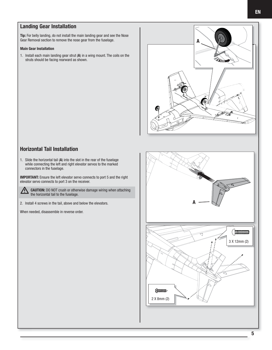 Landing gear installation, Horizontal tail installation | E-flite Fury 15 DF BNF Basic User Manual | Page 5 / 18