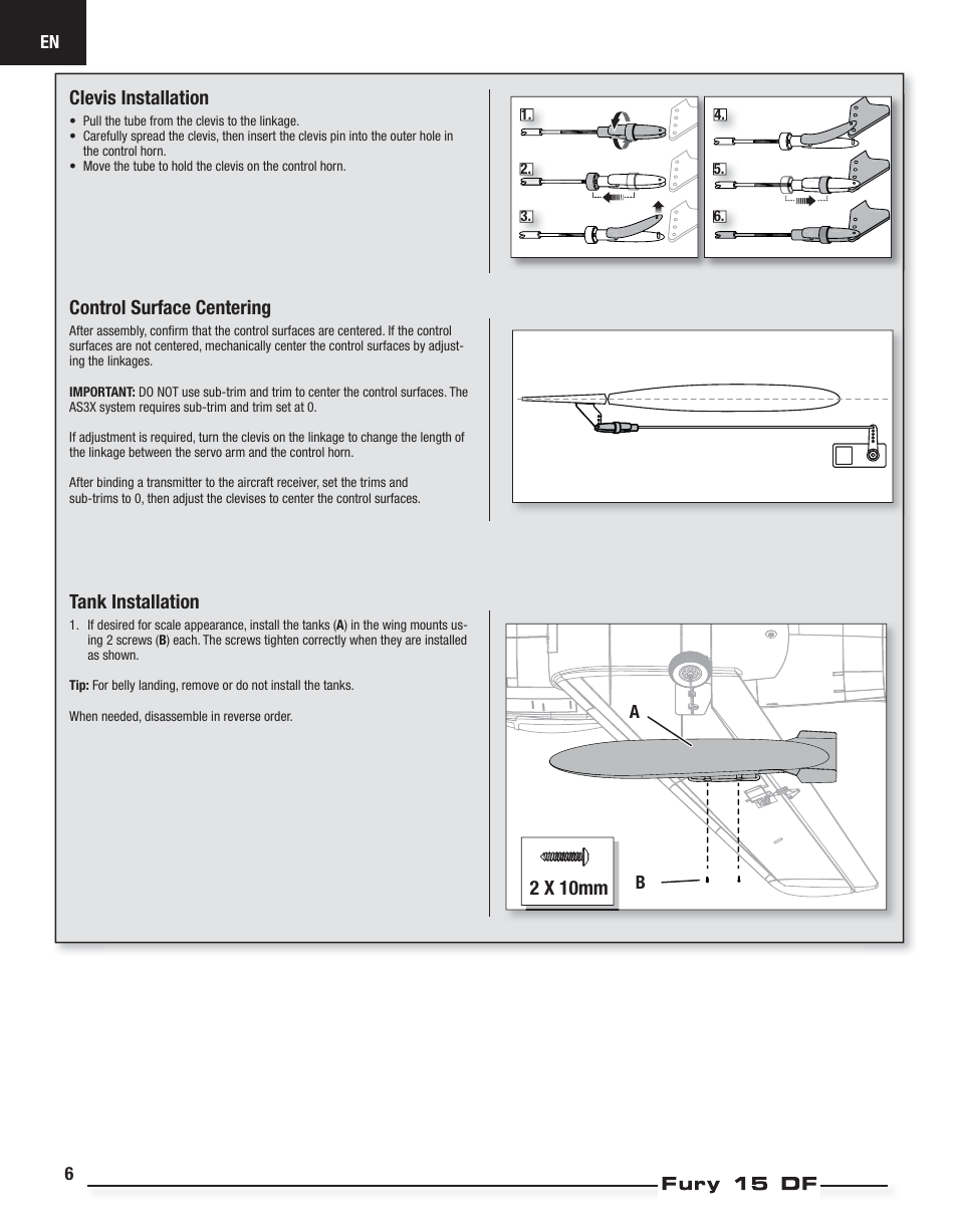 Tank installation, 2 x 10mm control surface centering, Clevis installation | E-flite Fury 15 DF BNF Basic User Manual | Page 6 / 18