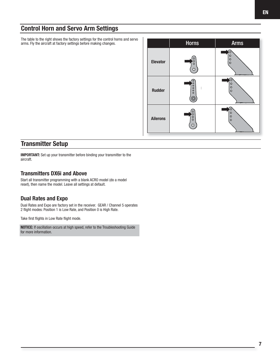 Control horn and servo arm settings, Transmitter setup | E-flite Fury 15 DF BNF Basic User Manual | Page 7 / 18