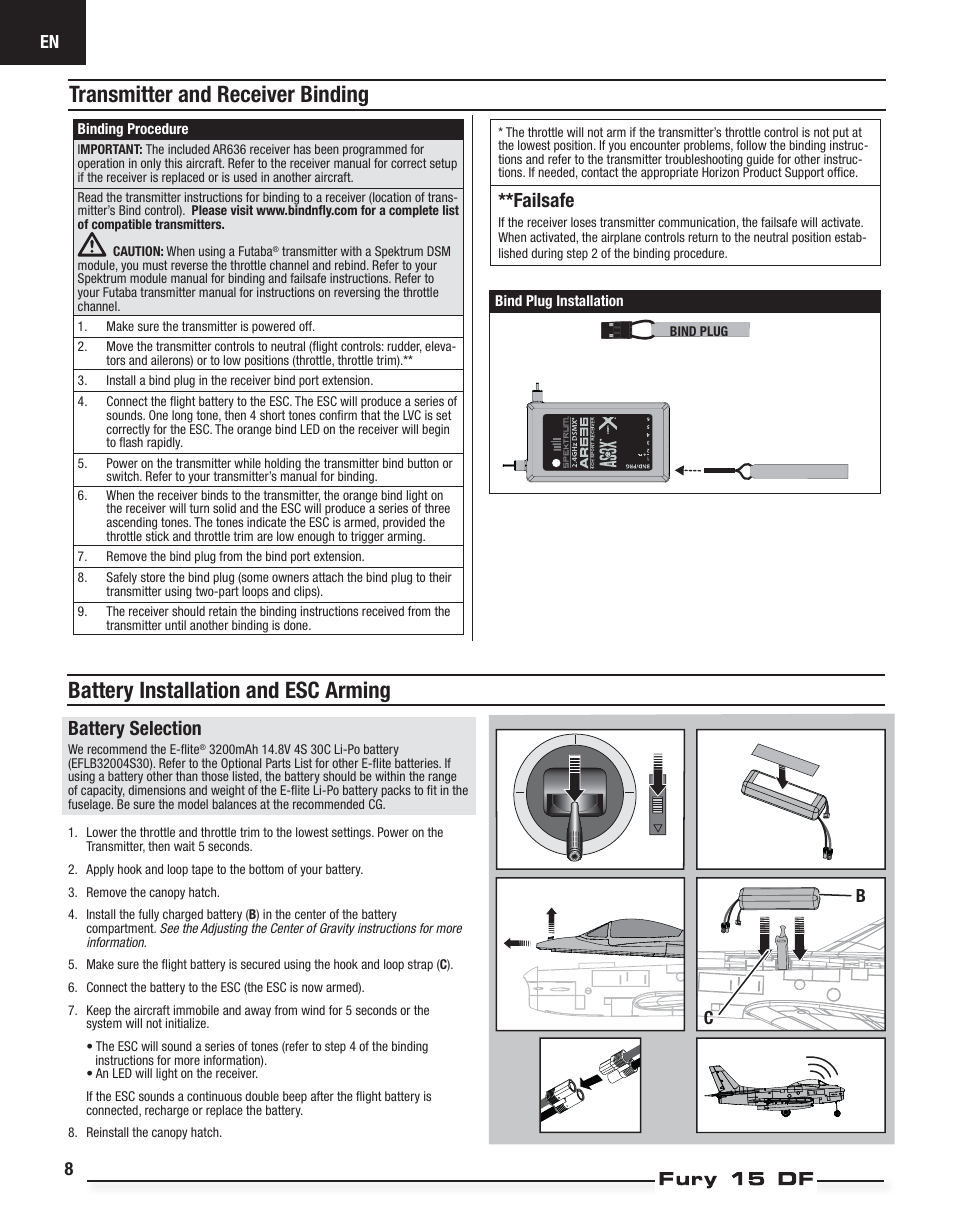 Transmitter and receiver binding, Battery installation and esc arming, Failsafe | Battery selection, Bc 8 | E-flite Fury 15 DF BNF Basic User Manual | Page 8 / 18