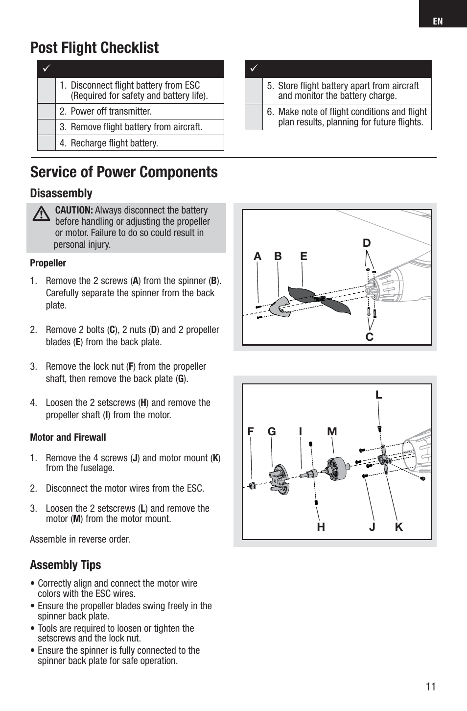 Service of power components, Post flight checklist, Disassembly | Assembly tips | E-flite Adagio 280 BNF Basic User Manual | Page 11 / 17