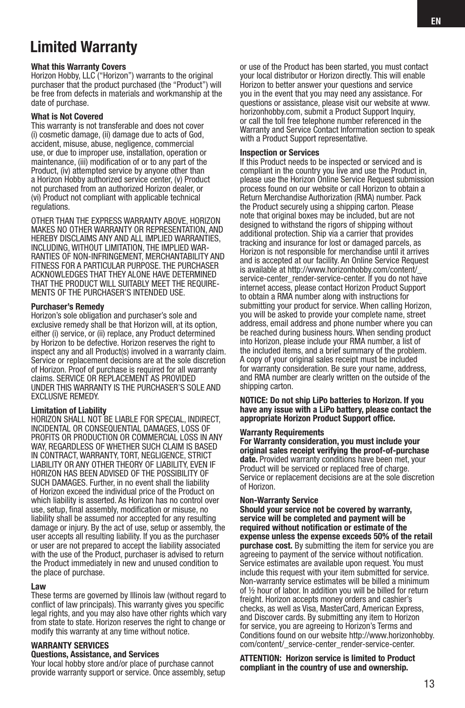 Limited warranty | E-flite Adagio 280 BNF Basic User Manual | Page 13 / 17