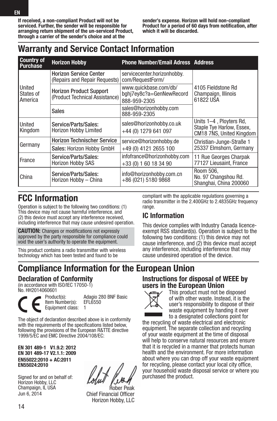 Compliance information for the european union, Warranty and service contact information, Fcc information | Declaration of conformity, Ic information | E-flite Adagio 280 BNF Basic User Manual | Page 14 / 17