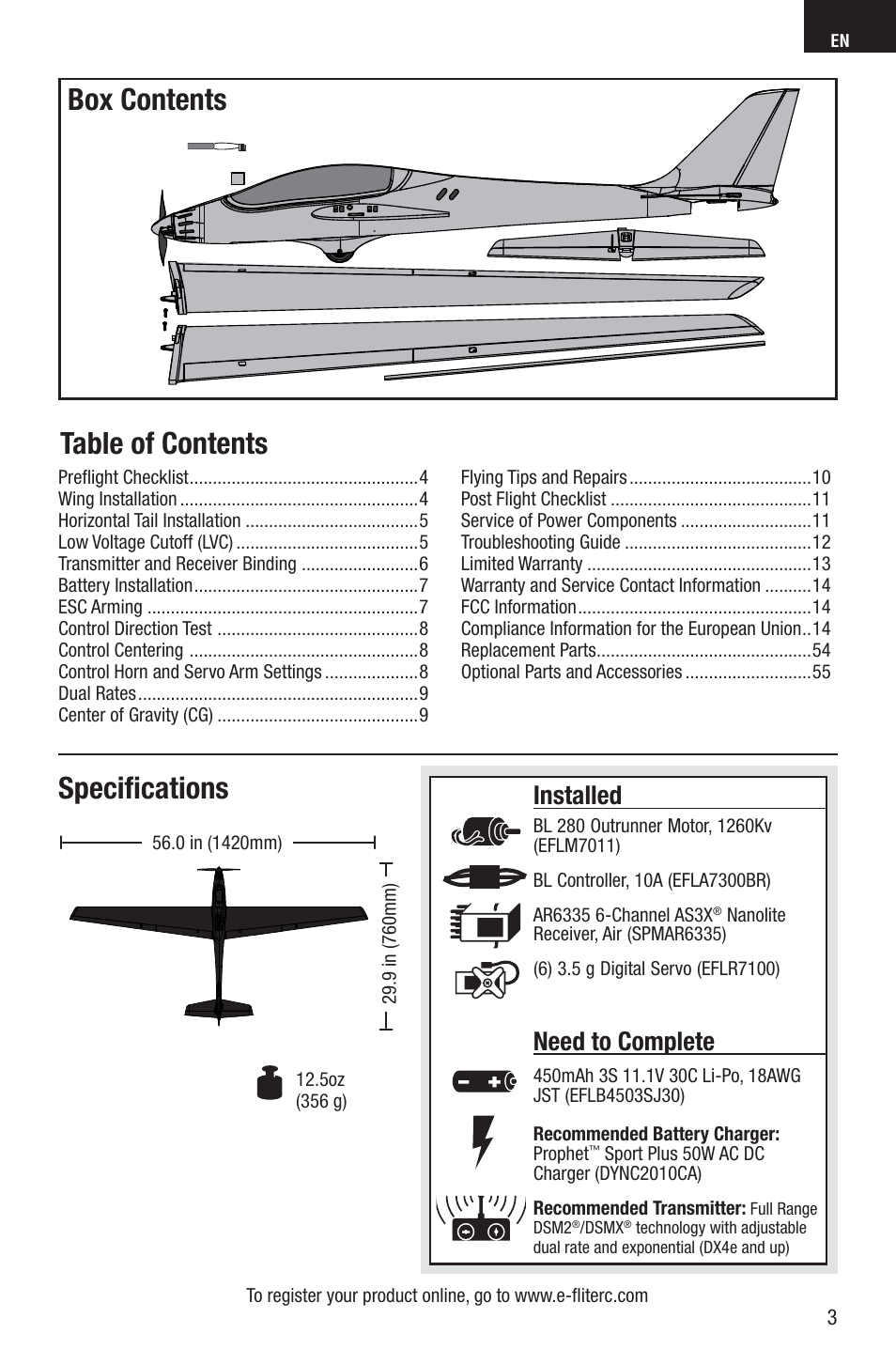 E-flite Adagio 280 BNF Basic User Manual | Page 3 / 17
