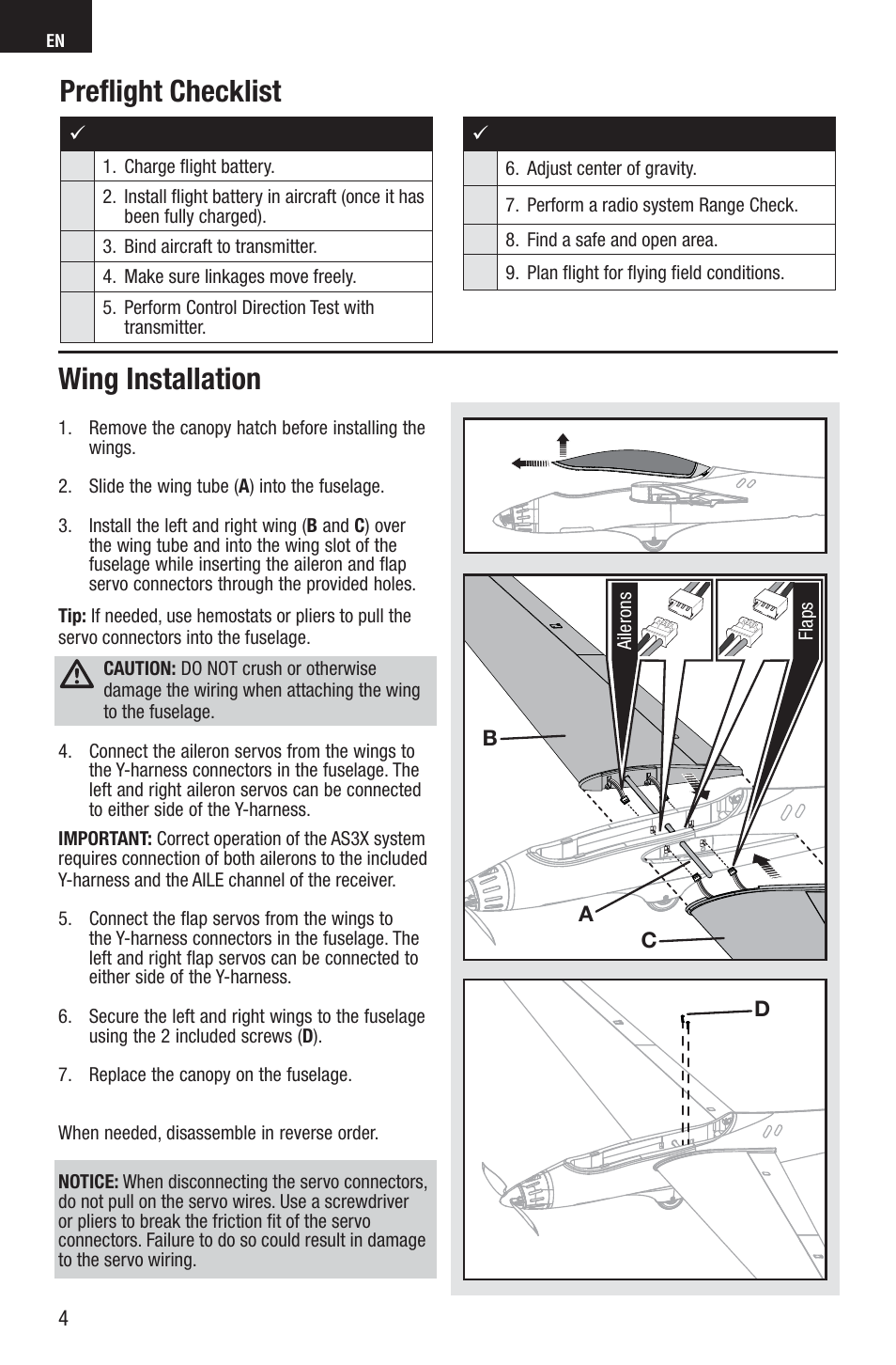 Wing installation preﬂ ight checklist | E-flite Adagio 280 BNF Basic User Manual | Page 4 / 17