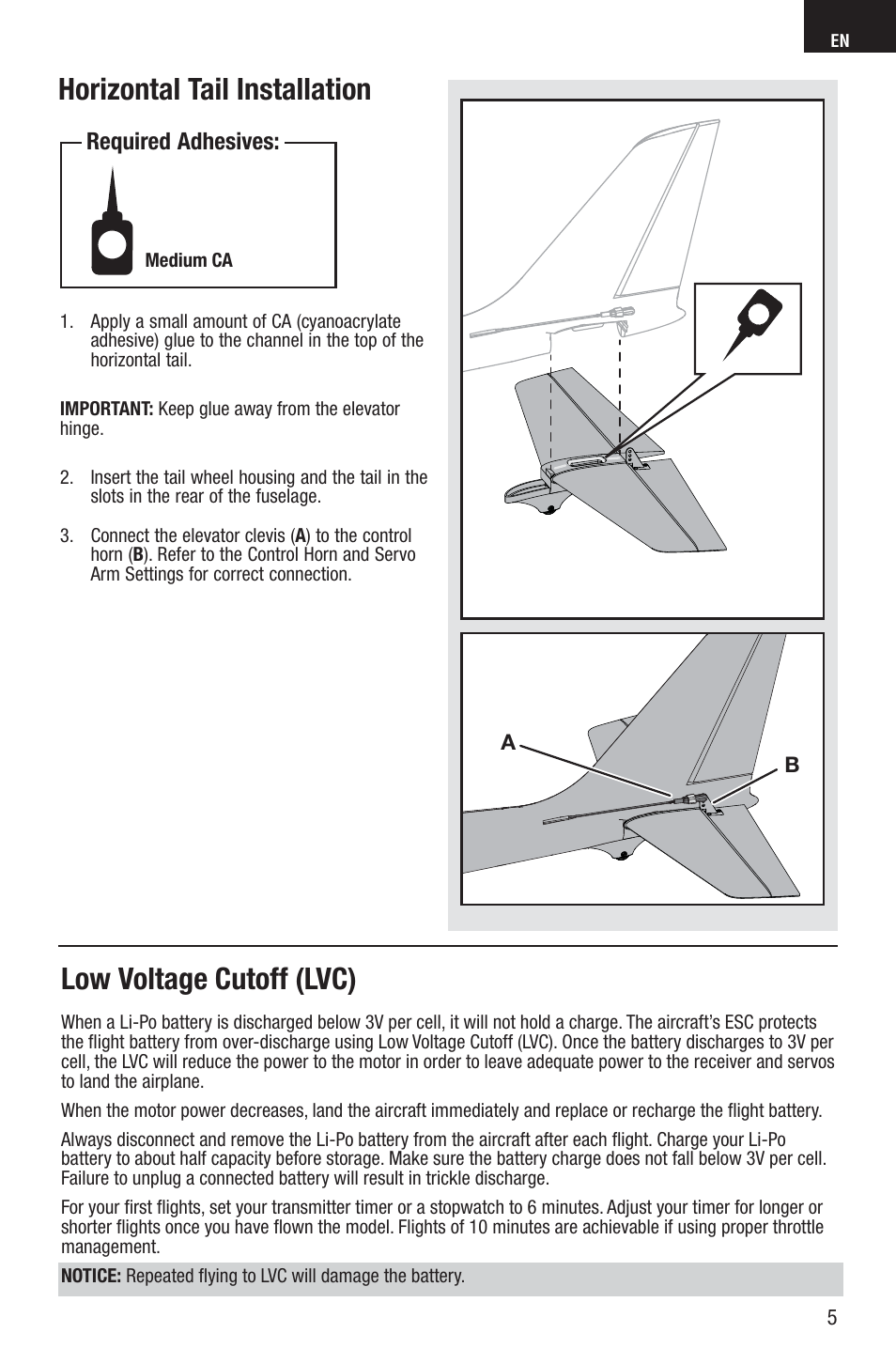 Low voltage cutoff (lvc), Horizontal tail installation | E-flite Adagio 280 BNF Basic User Manual | Page 5 / 17
