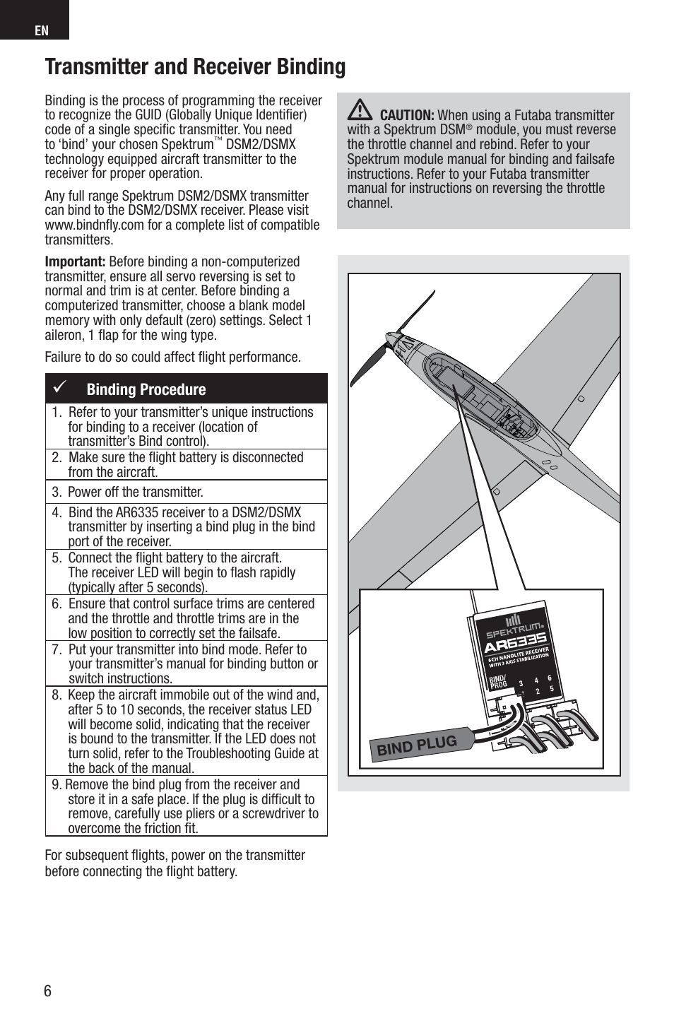 Transmitter and receiver binding | E-flite Adagio 280 BNF Basic User Manual | Page 6 / 17