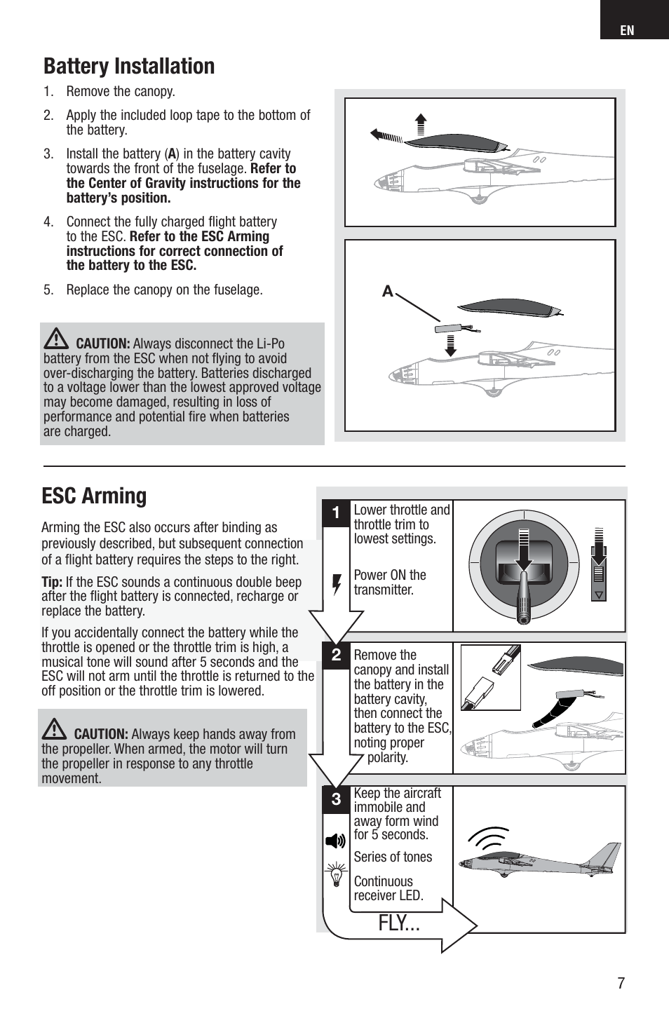 Battery installation, Esc arming | E-flite Adagio 280 BNF Basic User Manual | Page 7 / 17