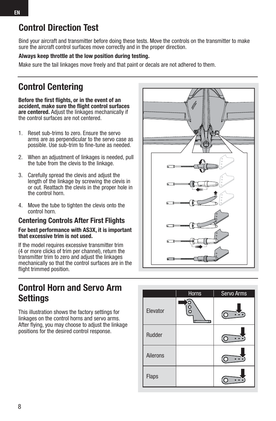 Control centering, Control horn and servo arm settings, Control direction test | E-flite Adagio 280 BNF Basic User Manual | Page 8 / 17