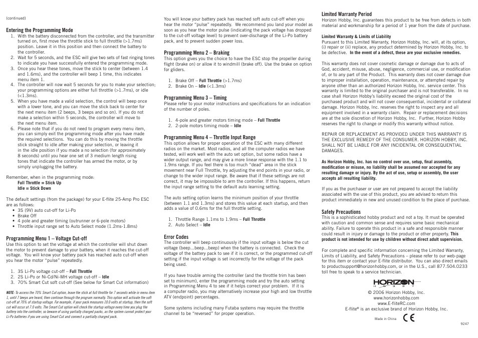 9247 efl 25a back.pdf | E-flite P-38/2 Motors/2 ESC Combo User Manual | Page 2 / 2