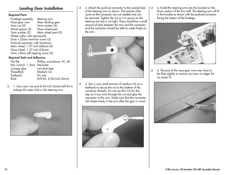 Landing gear installation | E-flite Cessna 150 Aerobat 250 ARF User Manual | Page 10 / 36