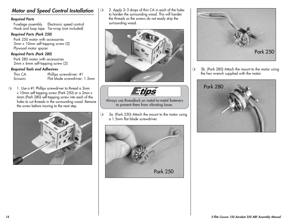 Motor and speed control installation | E-flite Cessna 150 Aerobat 250 ARF User Manual | Page 14 / 36