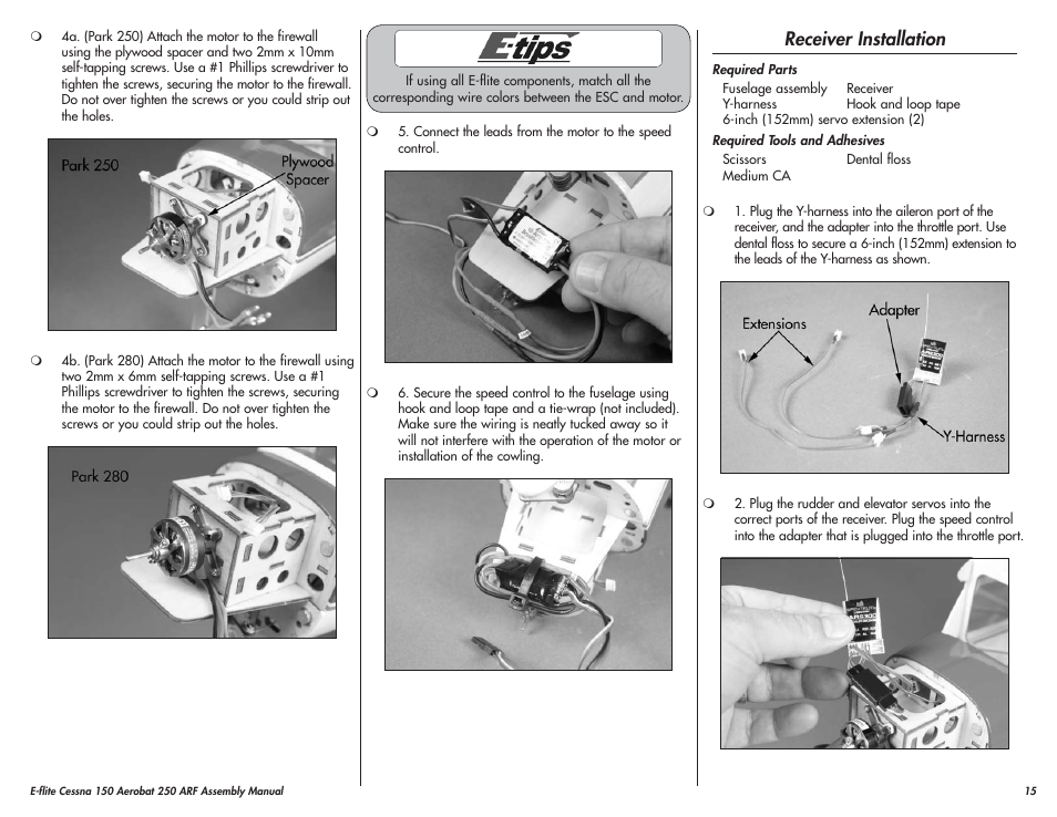 Receiver installation | E-flite Cessna 150 Aerobat 250 ARF User Manual | Page 15 / 36