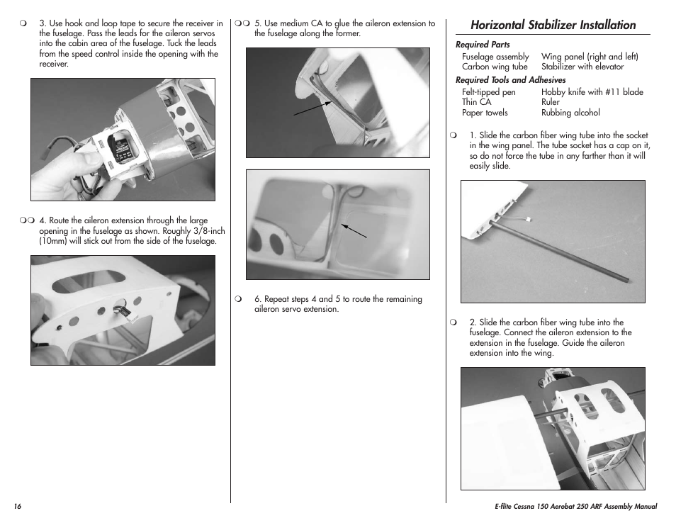 Horizontal stabilizer installation | E-flite Cessna 150 Aerobat 250 ARF User Manual | Page 16 / 36