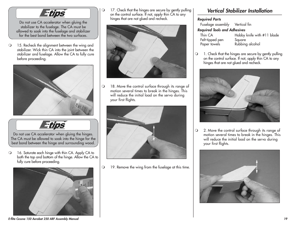 Vertical stabilizer installation | E-flite Cessna 150 Aerobat 250 ARF User Manual | Page 19 / 36