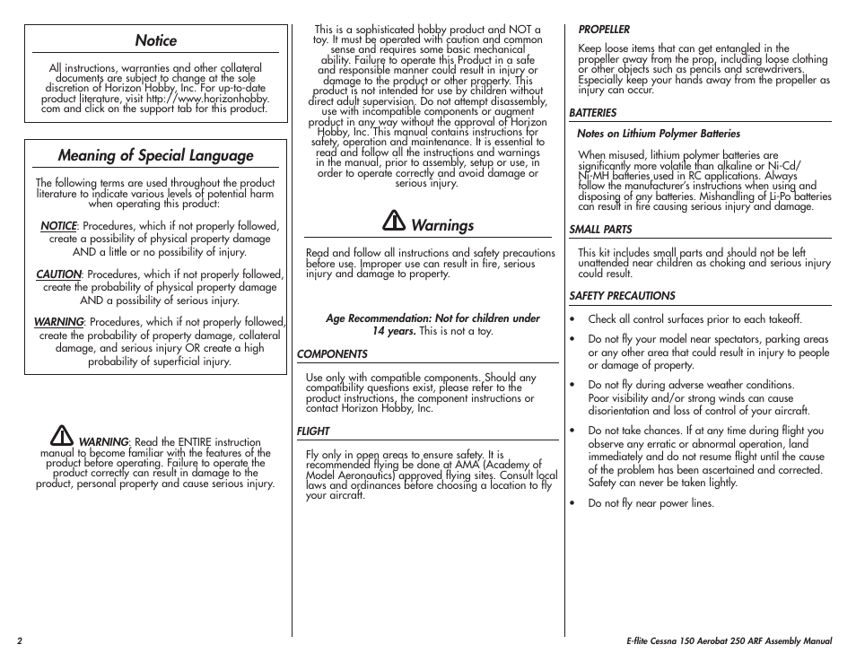 Notice, Meaning of special language, Warnings | E-flite Cessna 150 Aerobat 250 ARF User Manual | Page 2 / 36