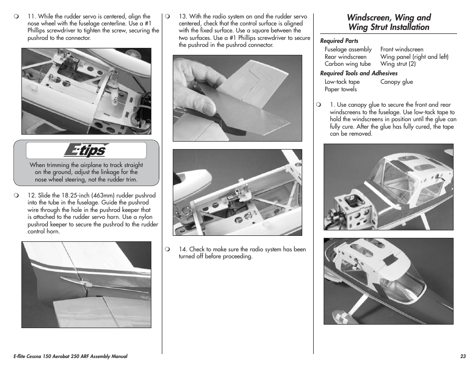 Windscreen, wing and wing strut installation | E-flite Cessna 150 Aerobat 250 ARF User Manual | Page 23 / 36