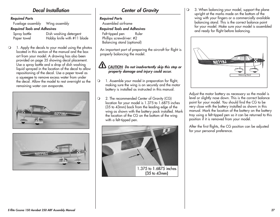 Decal installation, Center of gravity | E-flite Cessna 150 Aerobat 250 ARF User Manual | Page 27 / 36