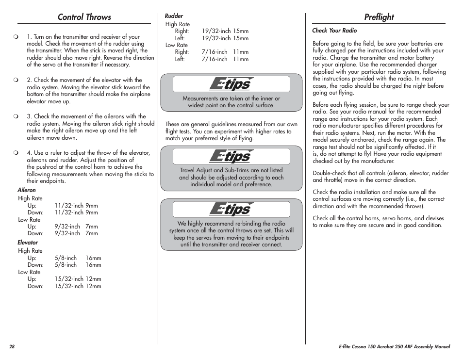 Control throws, Preflight | E-flite Cessna 150 Aerobat 250 ARF User Manual | Page 28 / 36