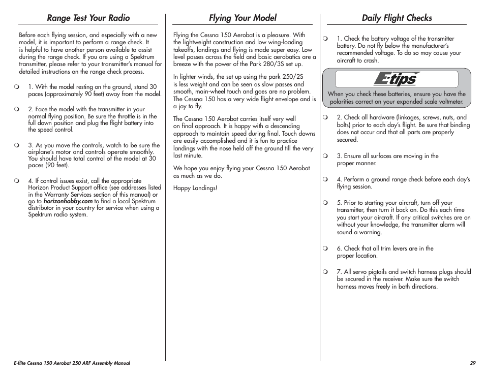 Range test your radio, Flying your model, Daily flight checks | E-flite Cessna 150 Aerobat 250 ARF User Manual | Page 29 / 36