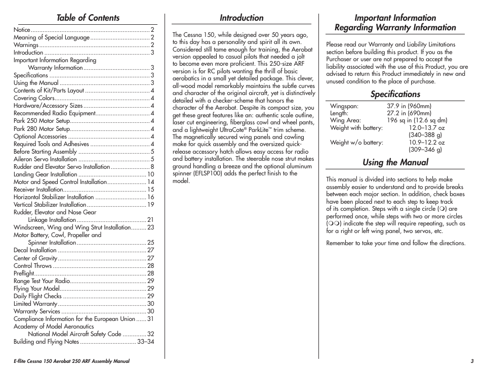 E-flite Cessna 150 Aerobat 250 ARF User Manual | Page 3 / 36