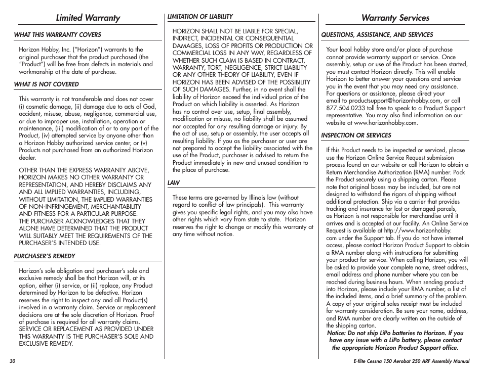 Limited warranty, Warranty services | E-flite Cessna 150 Aerobat 250 ARF User Manual | Page 30 / 36