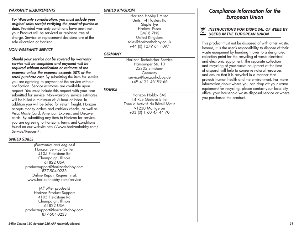 Compliance information for the european union | E-flite Cessna 150 Aerobat 250 ARF User Manual | Page 31 / 36