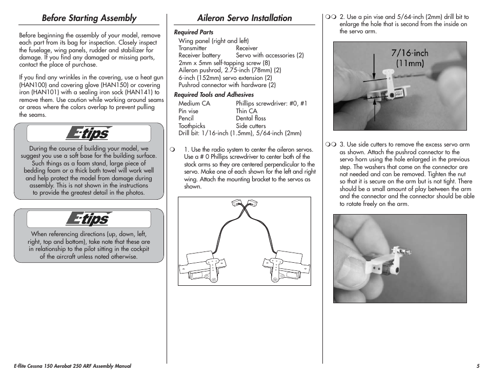 Before starting assembly, Aileron servo installation | E-flite Cessna 150 Aerobat 250 ARF User Manual | Page 5 / 36