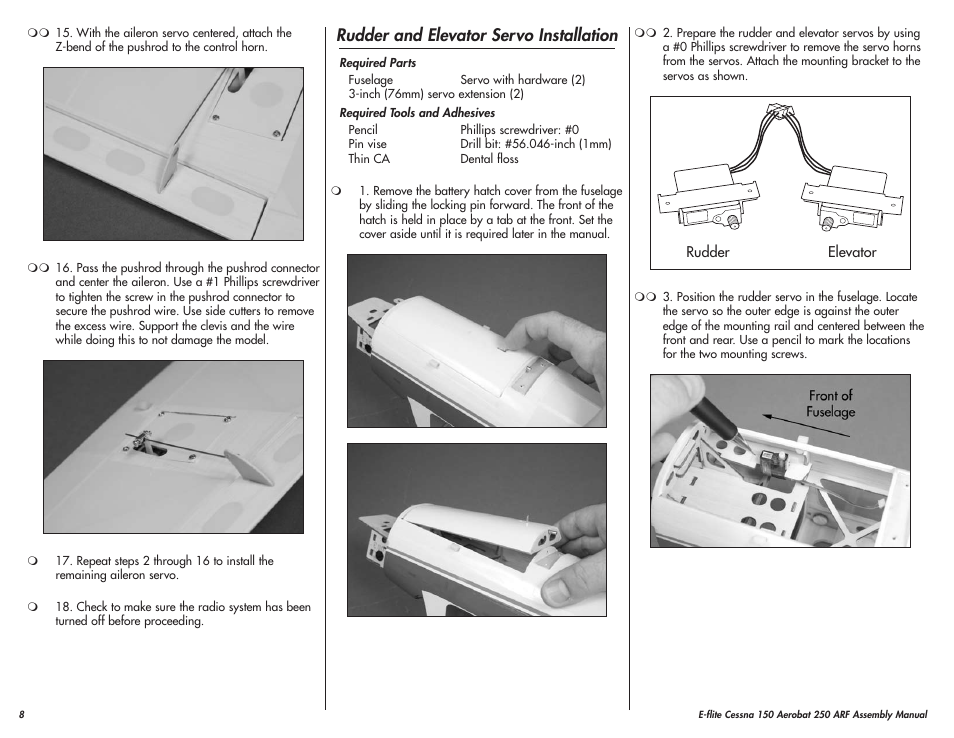 Rudder and elevator servo installation | E-flite Cessna 150 Aerobat 250 ARF User Manual | Page 8 / 36