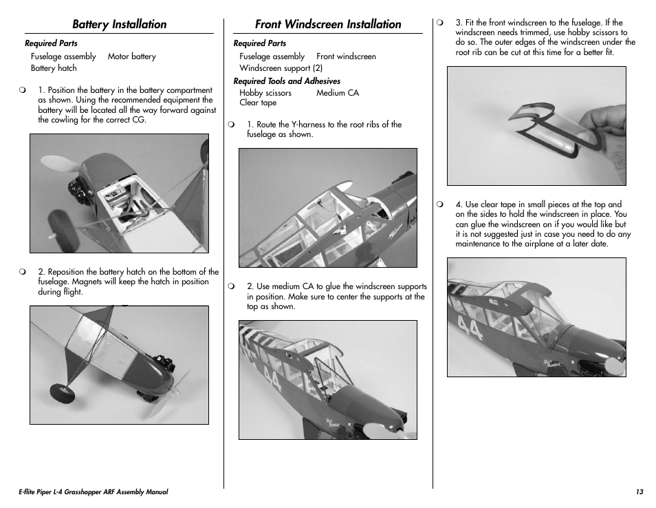 Battery installation, Front windscreen installation | E-flite Piper L-4 Grasshopper 250 ARF User Manual | Page 13 / 24