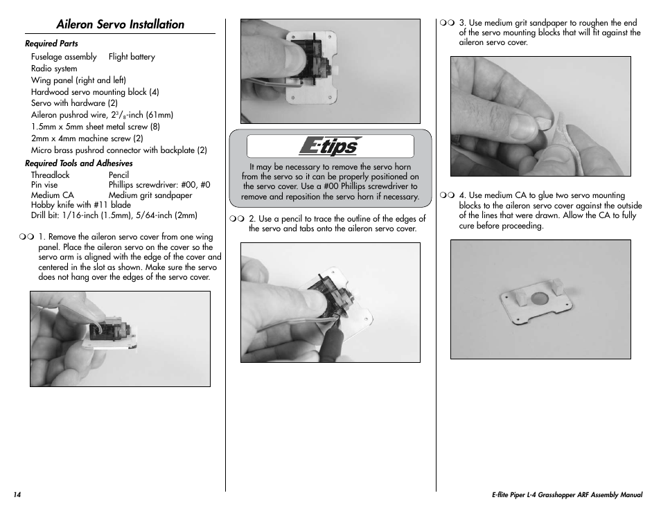 Aileron servo installation | E-flite Piper L-4 Grasshopper 250 ARF User Manual | Page 14 / 24