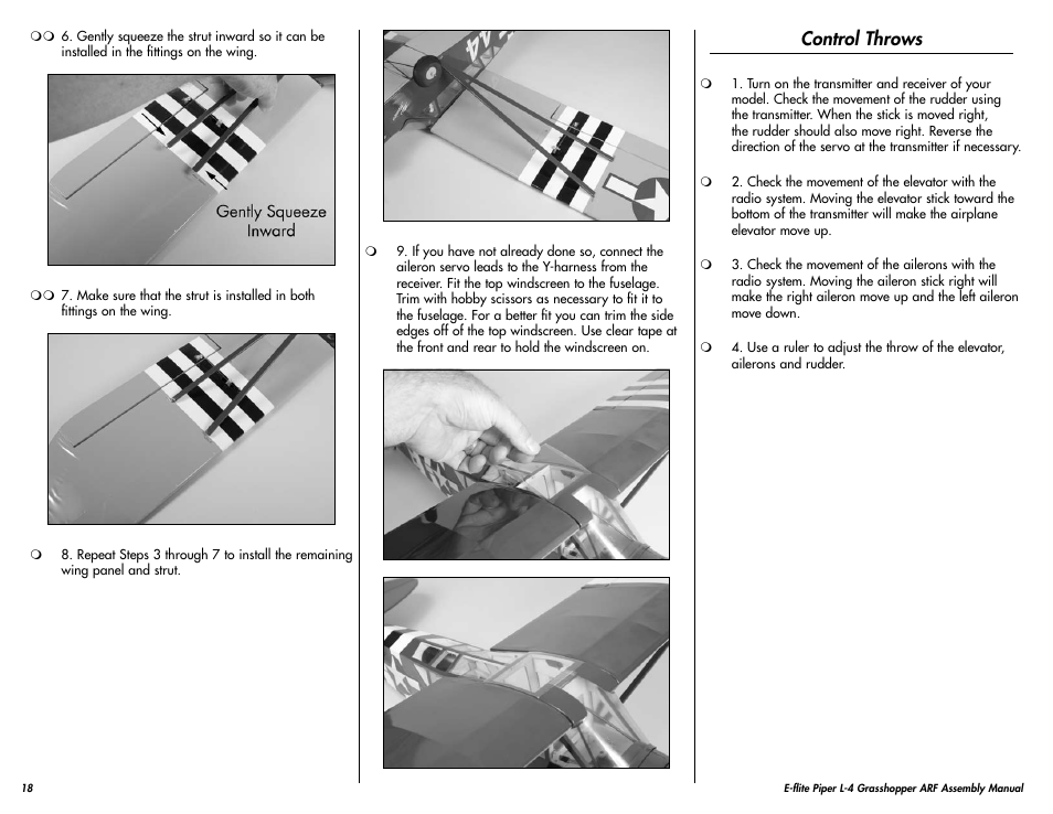 Control throws | E-flite Piper L-4 Grasshopper 250 ARF User Manual | Page 18 / 24