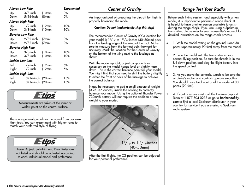 Center of gravity, Range test your radio | E-flite Piper L-4 Grasshopper 250 ARF User Manual | Page 19 / 24