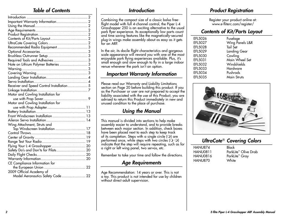 E-flite Piper L-4 Grasshopper 250 ARF User Manual | Page 2 / 24