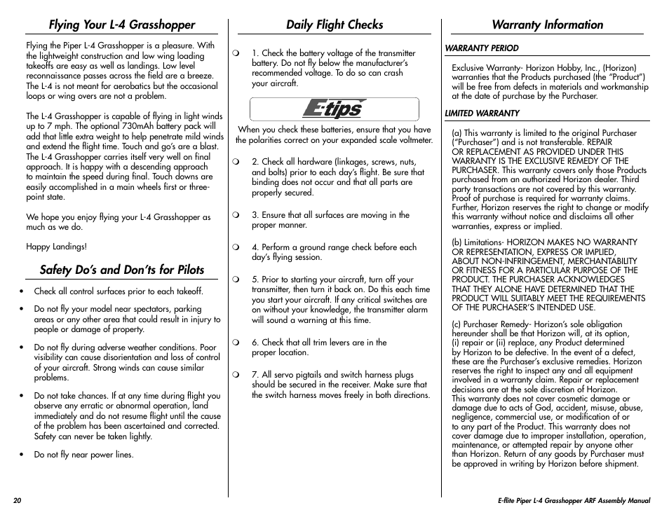 Flying your l-4 grasshopper, Safety do’s and don’ts for pilots, Daily flight checks | Warranty information | E-flite Piper L-4 Grasshopper 250 ARF User Manual | Page 20 / 24