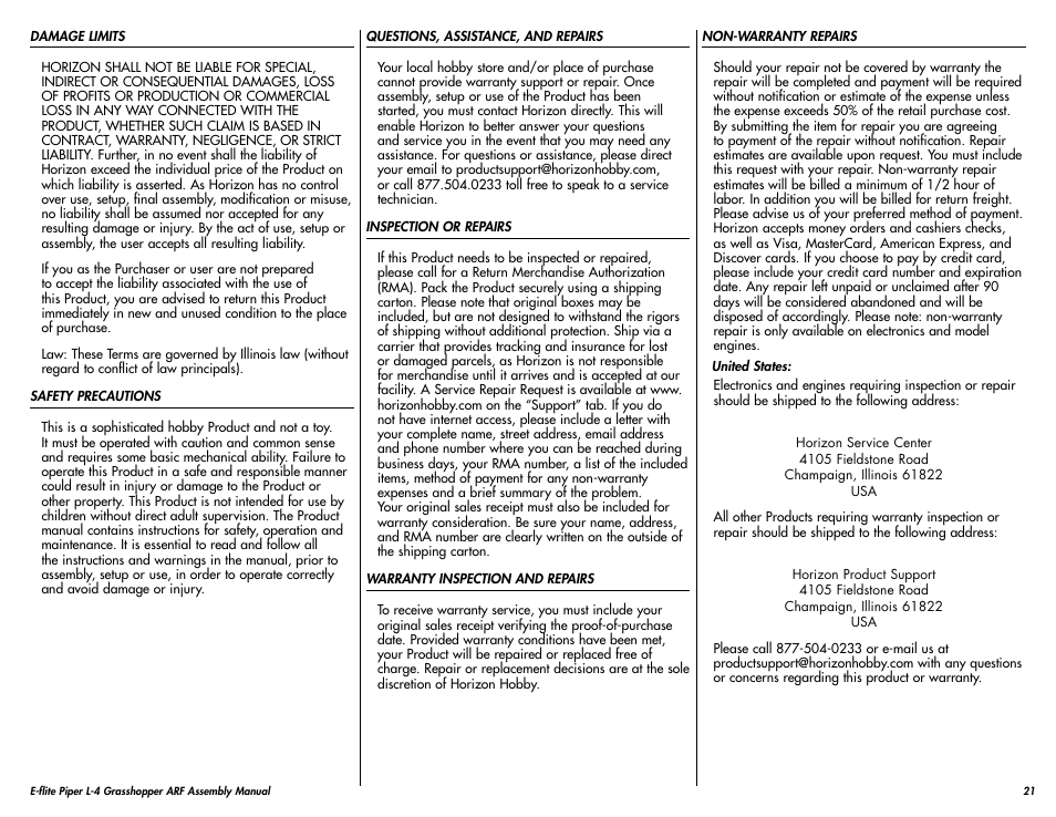 E-flite Piper L-4 Grasshopper 250 ARF User Manual | Page 21 / 24