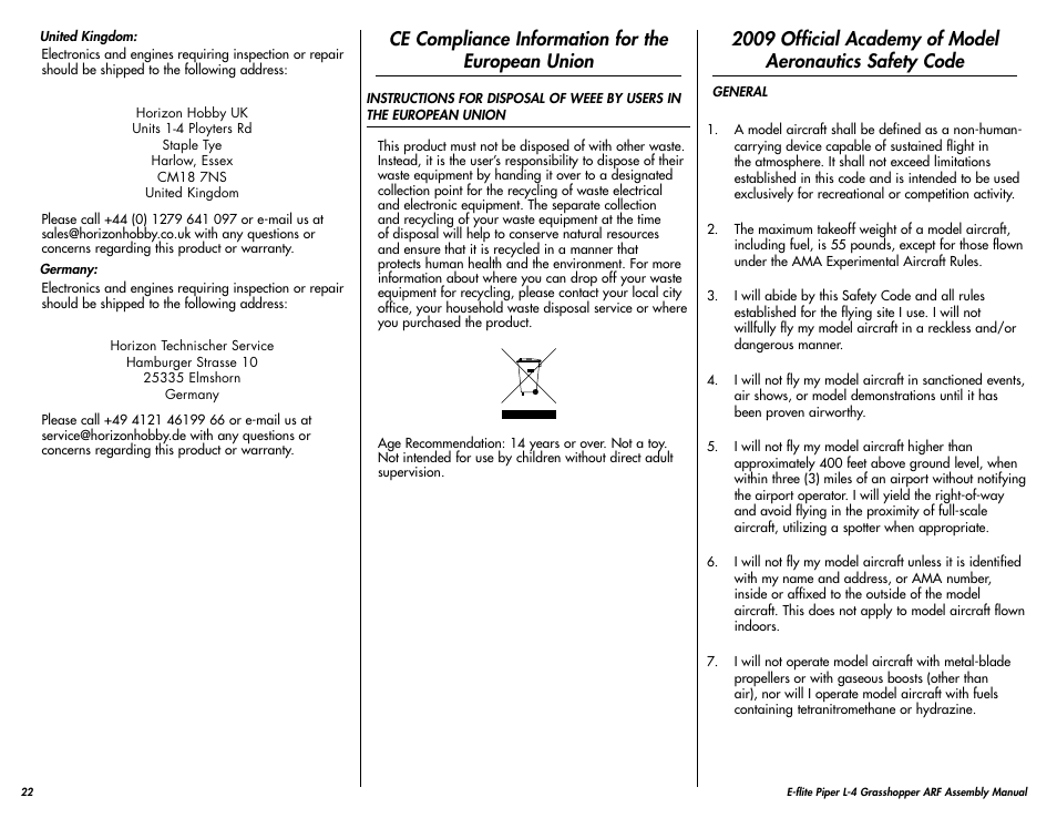 Ce compliance information for the european union | E-flite Piper L-4 Grasshopper 250 ARF User Manual | Page 22 / 24