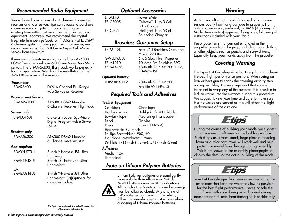 Recommended radio equipment, Optional accessories, Brushless outrunner setup | Required tools and adhesives, Note on lithium polymer batteries, Warning, Covering warning | E-flite Piper L-4 Grasshopper 250 ARF User Manual | Page 3 / 24