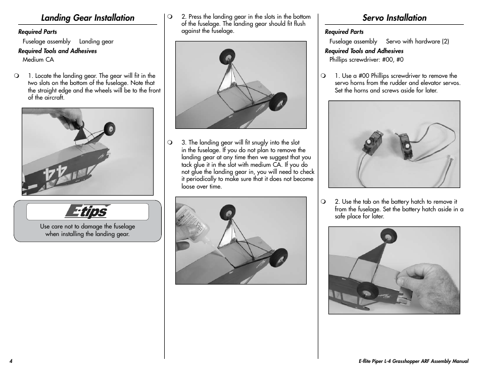 Landing gear installation, Servo installation | E-flite Piper L-4 Grasshopper 250 ARF User Manual | Page 4 / 24